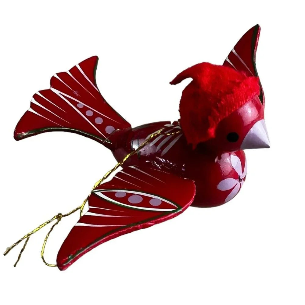 Handmade Wooden Christmas Bird Ornament Cardinal Red & White Hand Painted Vtg